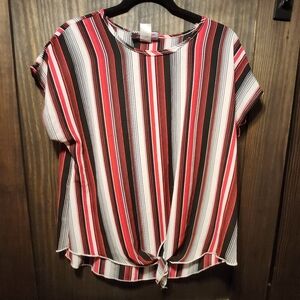 Say anything red, white, and black striped blouse. Size Large